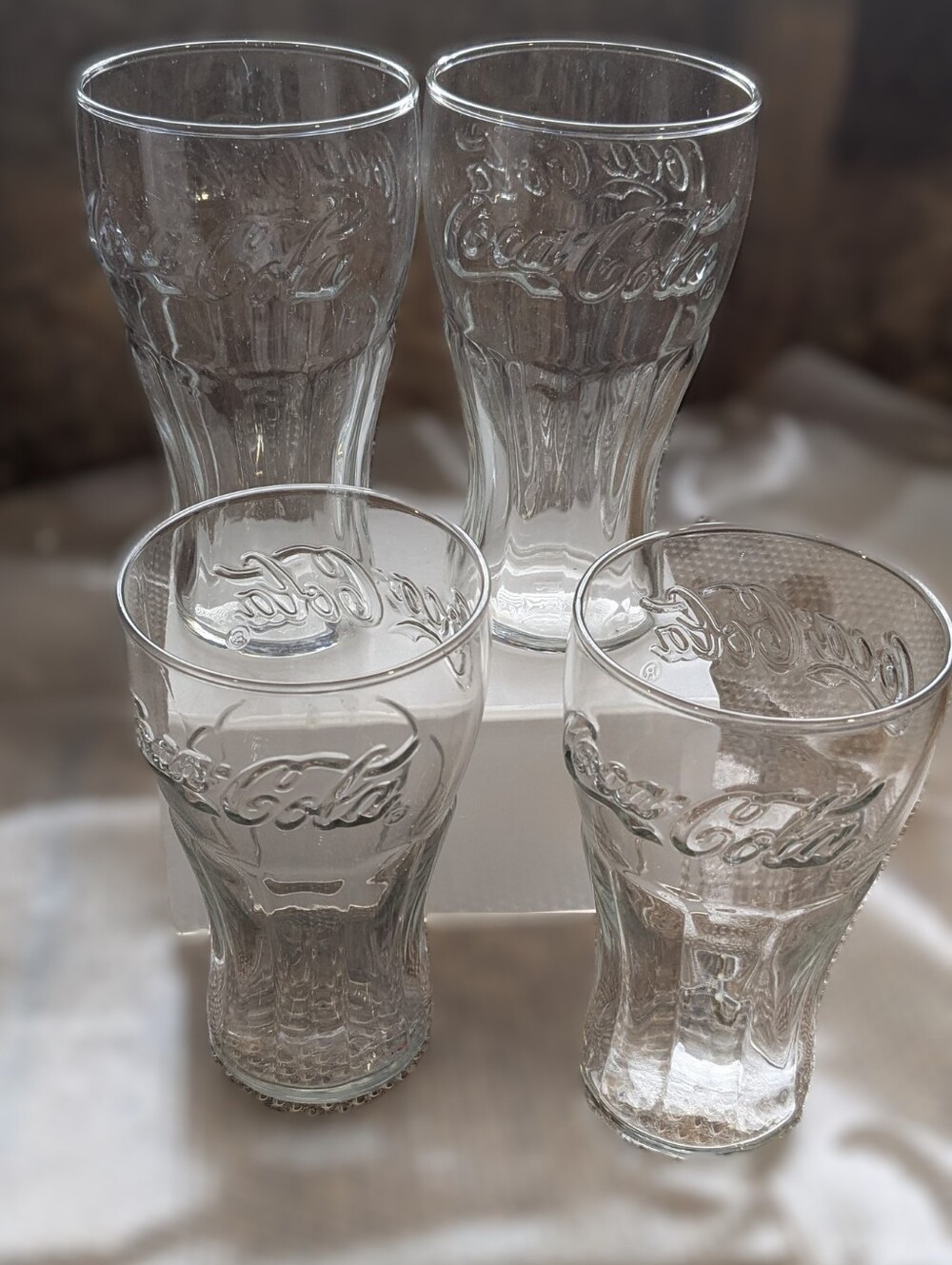 Coca Cola Clear Embossed Glass Drinking Tumblers - Clear Mixed Set
